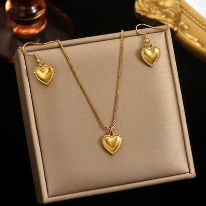 18K Gold Plated Stainless Steel Puffy Heart Pendant Necklace And Earrings Set For Women - Waterproof, Hypoallergenic, Cute Jewelry Gift For Birthday, Anniversary, Daily Wear, Summer Outfits