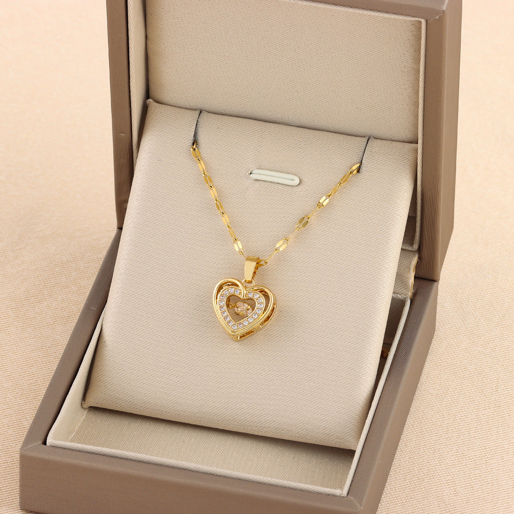 Double-layer Love Necklace With Rhinestones Titanium Steel Heart Pendant Fashion Jewelry Woman Valentines Day Gift