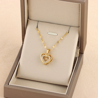 Double-layer Love Necklace With Rhinestones Titanium Steel Heart Pendant Fashion Jewelry Woman Valentines Day Gift