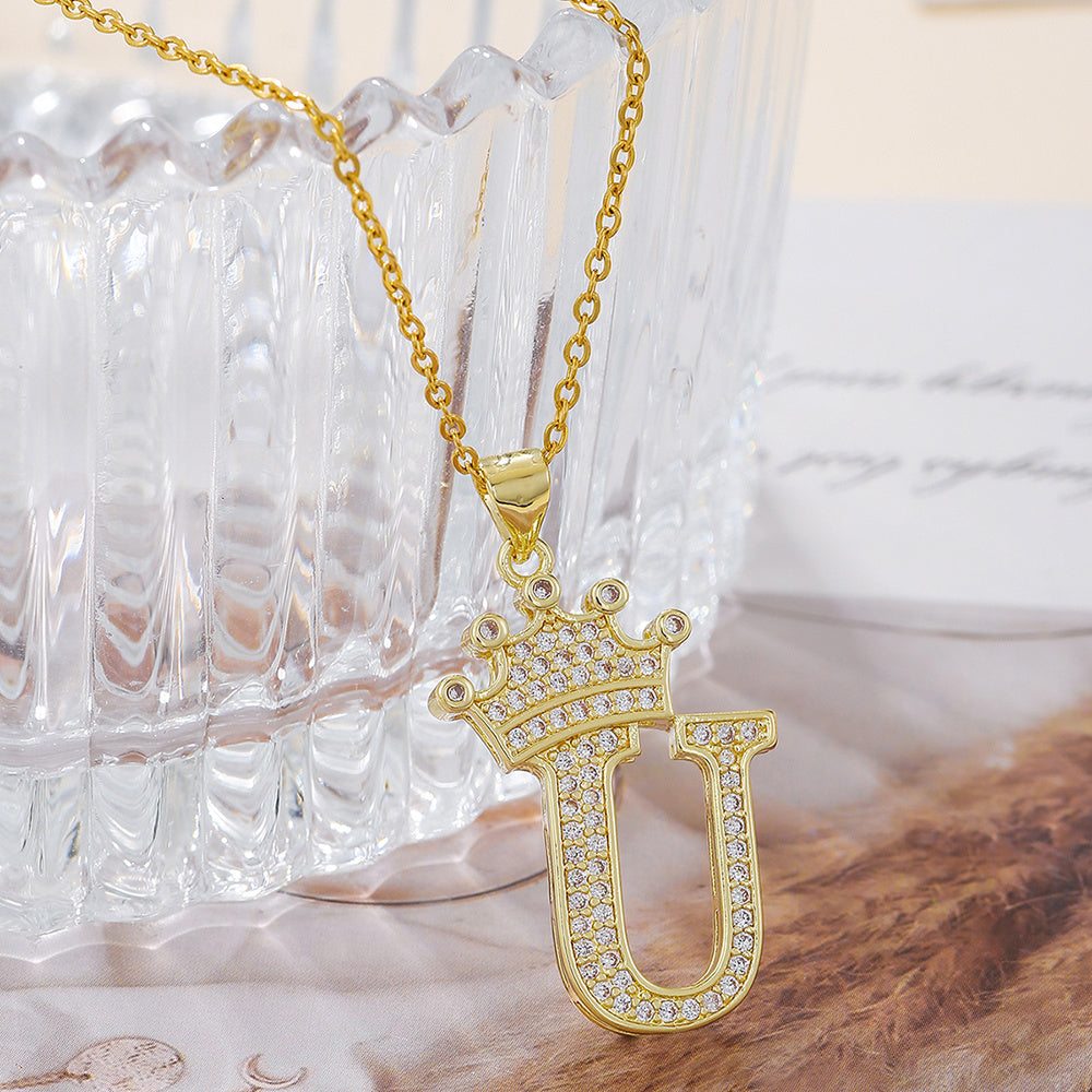 1PCS Fashionable Gold Zircon Uppercase Letter Popular Pendant Necklace Suitable For Daily Use Festivals Parties Gifts Jewelry Set