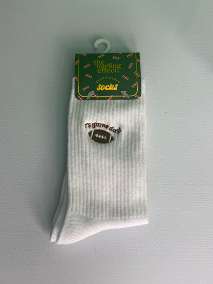 "It's Game Day!" Embroidered Ribbed Crew Socks – White