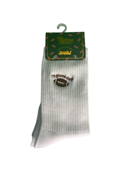 "It's Game Day!" Embroidered Ribbed Crew Socks – White
