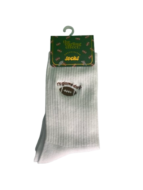 "It's Game Day!" Embroidered Ribbed Crew Socks – White