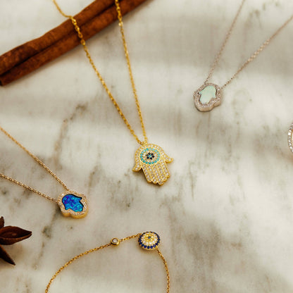 Hamsa Hand with Evil Eye Pendant Necklace – Gold & Turquoise Sparkle