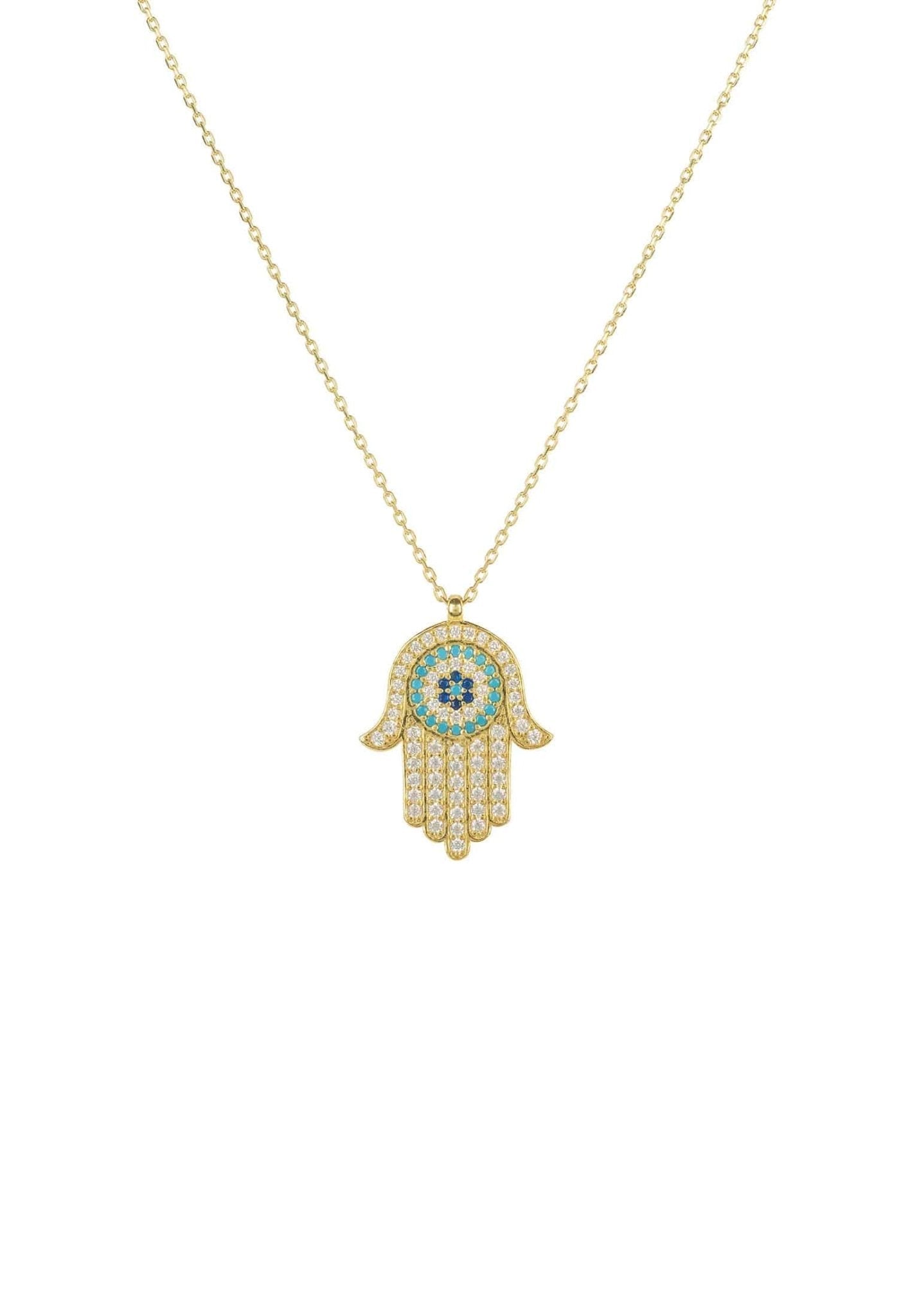 Hamsa Hand with Evil Eye Pendant Necklace – Gold & Turquoise Sparkle