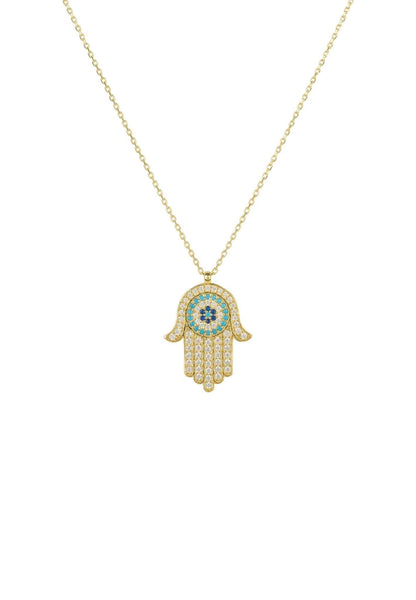 Hamsa Hand with Evil Eye Pendant Necklace – Gold & Turquoise Sparkle