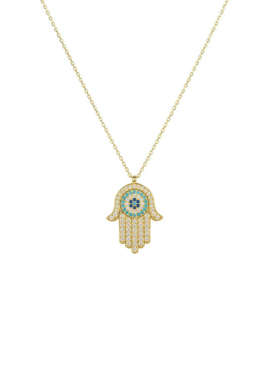 Hamsa Hand with Evil Eye Pendant Necklace – Gold & Turquoise Sparkle