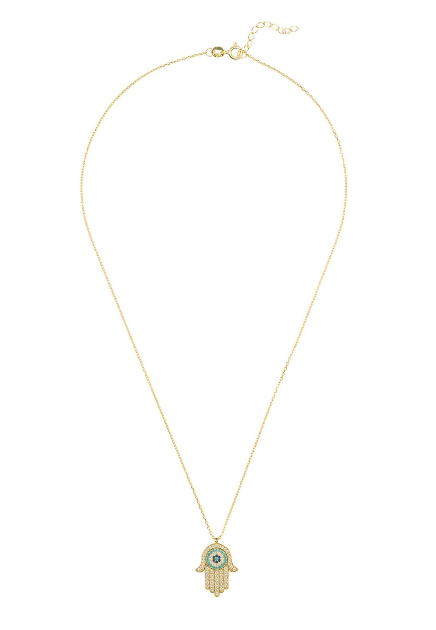 Hamsa Hand with Evil Eye Pendant Necklace – Gold & Turquoise Sparkle