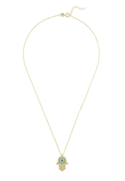 Hamsa Hand with Evil Eye Pendant Necklace – Gold & Turquoise Sparkle
