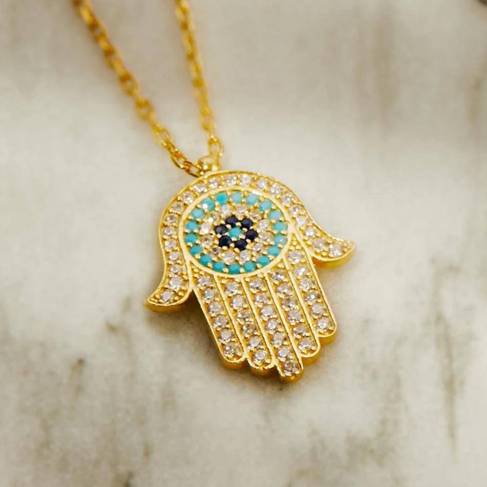 Hamsa Hand with Evil Eye Pendant Necklace – Gold & Turquoise Sparkle