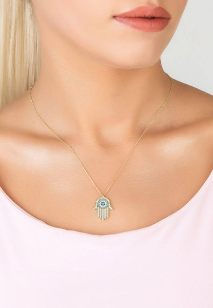 Hamsa Hand with Evil Eye Pendant Necklace – Gold & Turquoise Sparkle