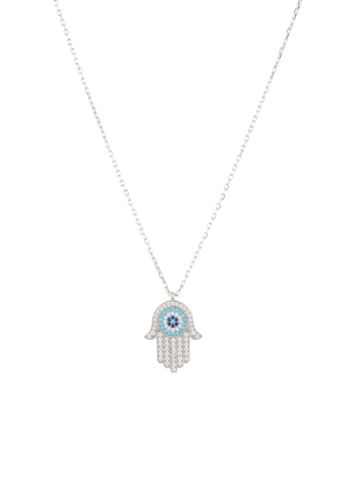 Hamsa Hand with Evil Eye Pendant Necklace – Turquoise & Sterling Silver