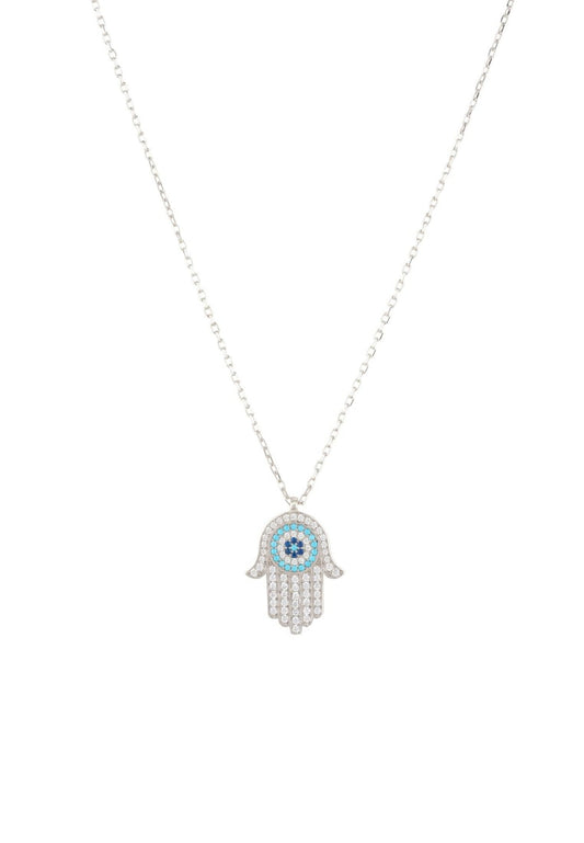 Hamsa Hand with Evil Eye Pendant Necklace – Turquoise & Sterling Silver