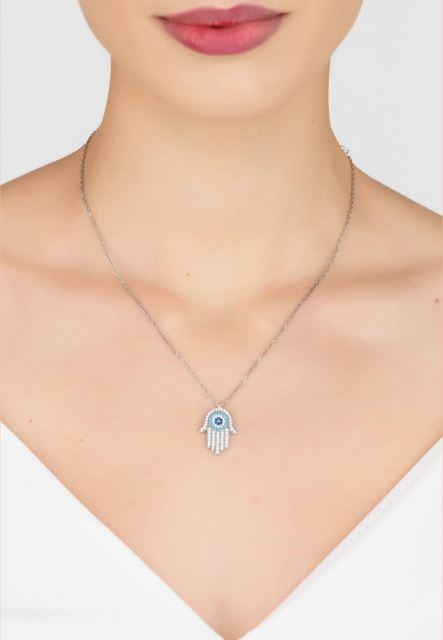 Hamsa Hand with Evil Eye Pendant Necklace – Turquoise & Sterling Silver