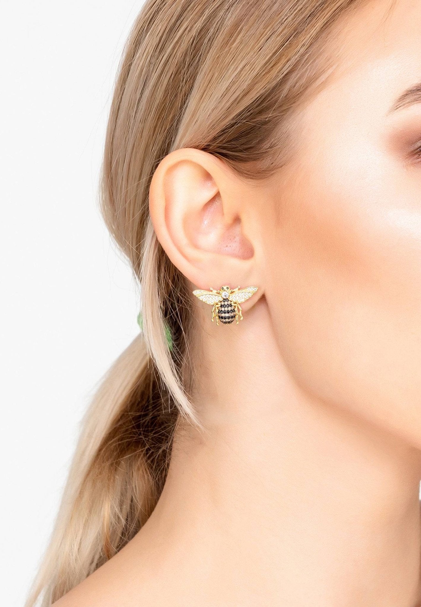 Honey Bee Stud Earrings – Gold & Sparkling Zircon Detail