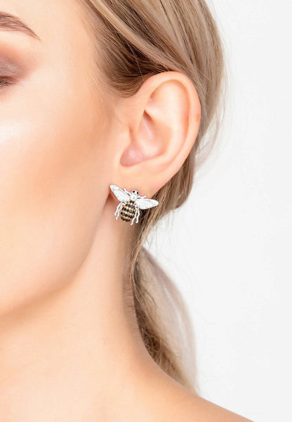 Honey Bee Stud Earrings – Sterling Silver & Sparkling Zircon Detail