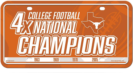 University of Texas Longhorns Metal Auto Tag License Plate, 4-Time National Champions, 6x12 Inch
