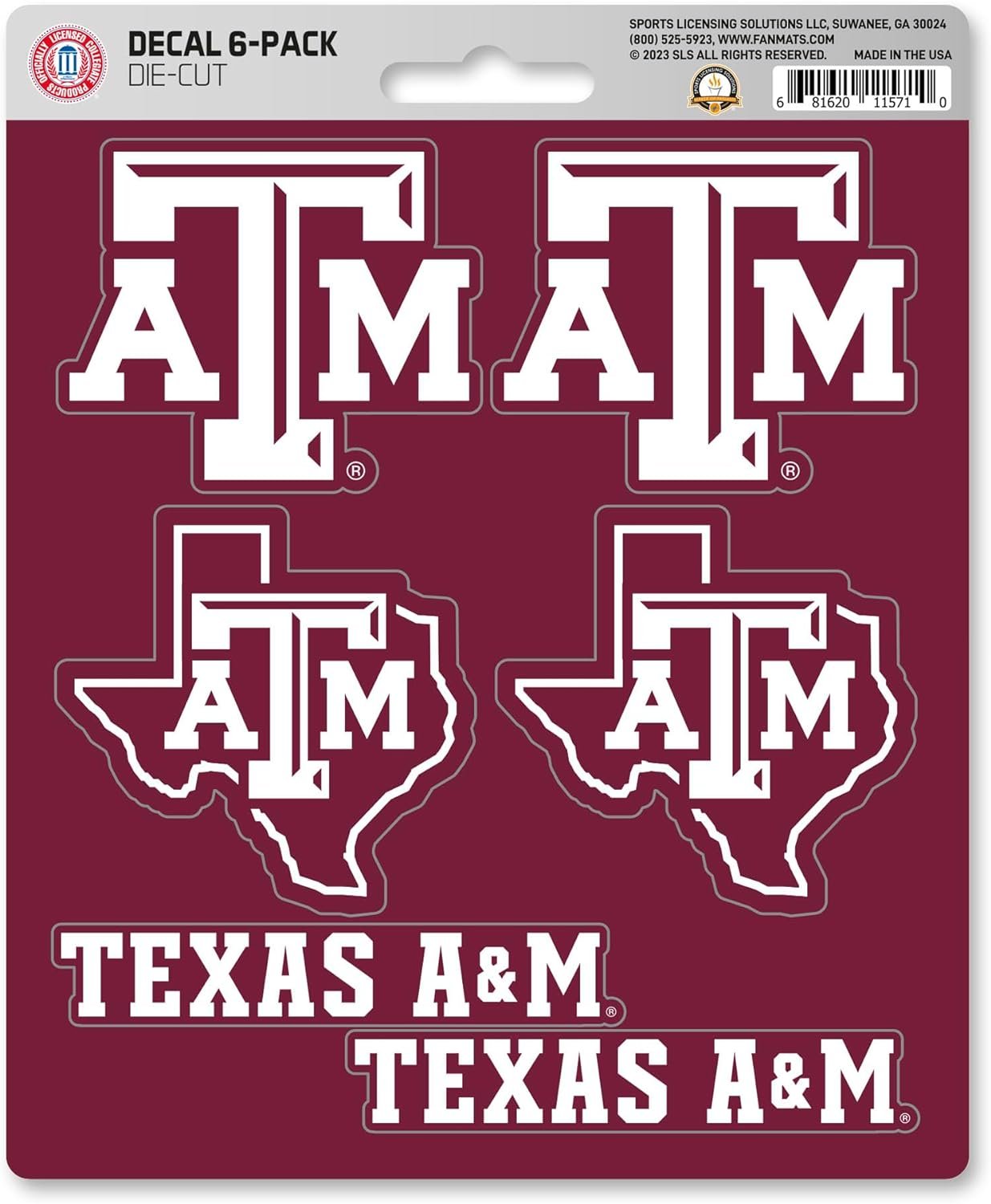 Texas A&M University Aggies 6-Piece Decal Sticker Set, 5x6 Inch Sheet, Gift for football fans for any hard surfaces around home, automotive, personal items