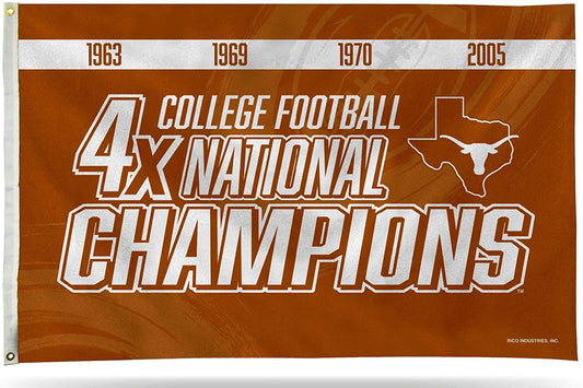 University of Texas Longhorns 4-Time Champions Premium 3x5 Feet Flag Banner, Metal Grommets, Outdoor Use, Single Sided