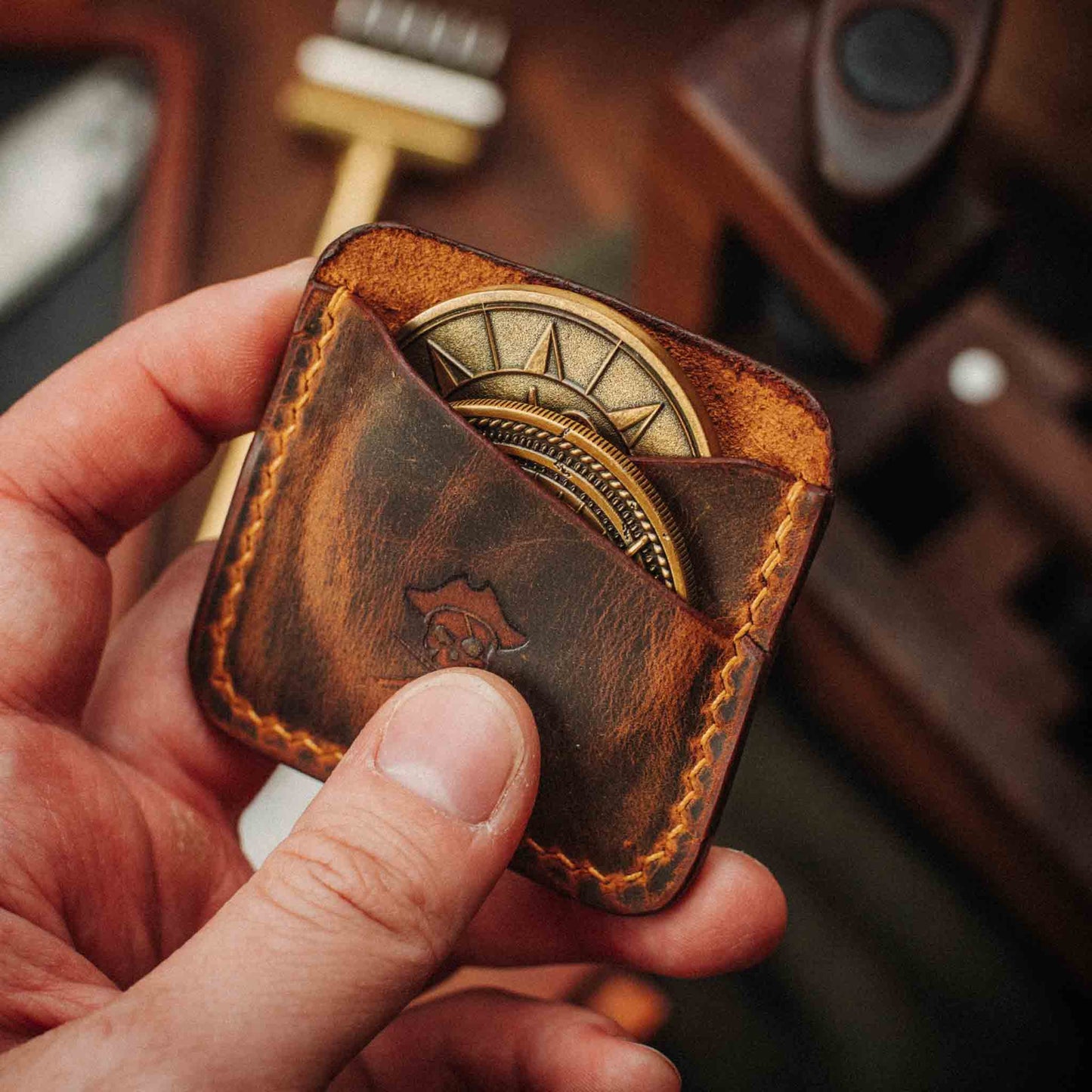 Handmade Premium Leather Challenge Coin Holder – Peso Pocket Duo | Double Coin Slip for Military Coins |