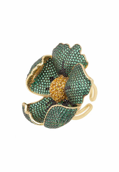 Poppy Flower Green Ring – Gold Elegance with Botanical Brilliance