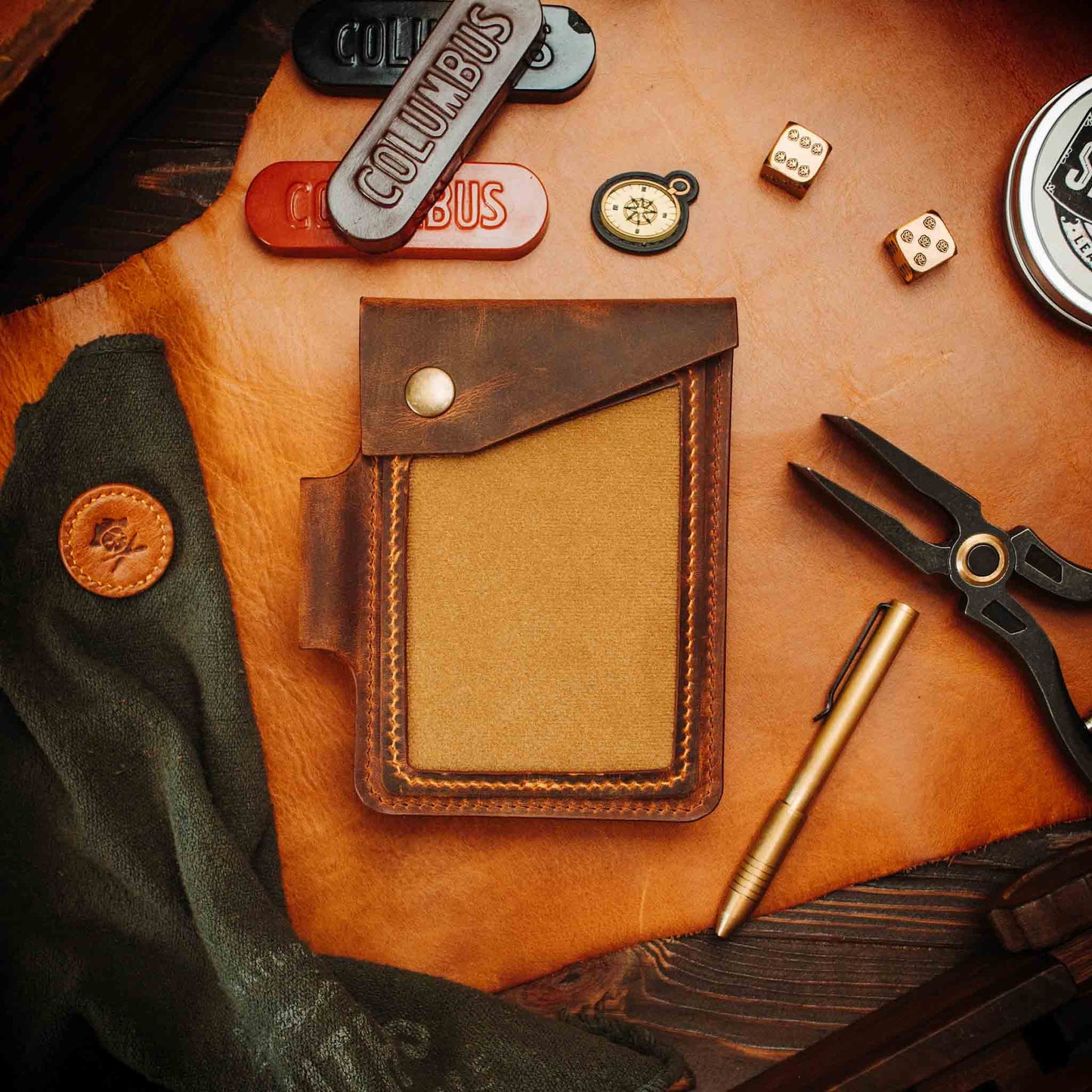 The Steersman – Handmade Leather EDC Journal Cover with Angled Velcro Patch Window, Brass Hardware &amp; Pen Loop | Field Notes Notebook Holder