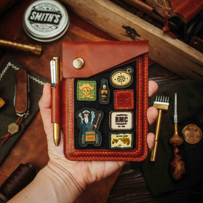 The Steersman – Handmade Leather EDC Journal Cover with Angled Velcro Patch Window, Brass Hardware &amp; Pen Loop | Field Notes Notebook Holder