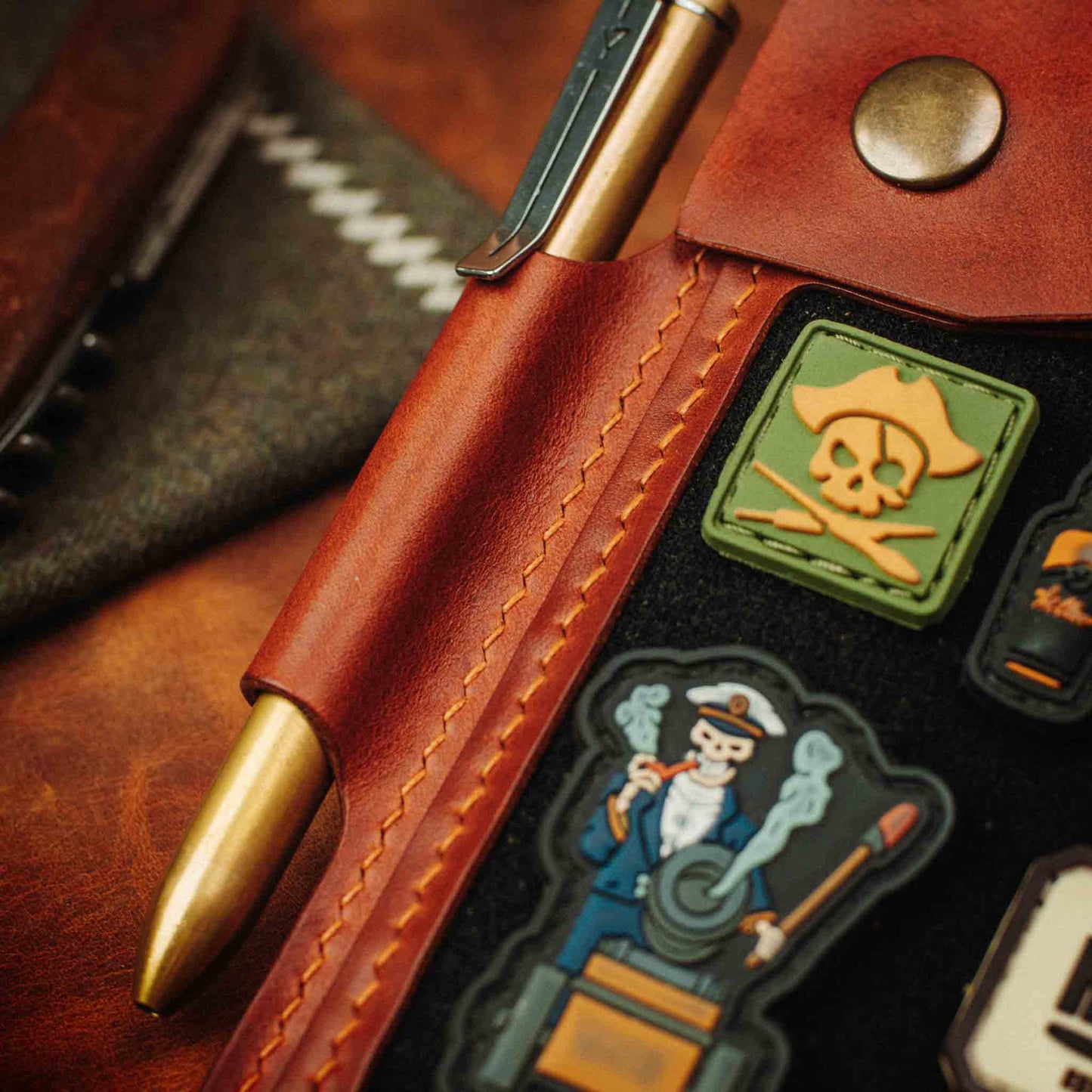 The Steersman – Handmade Leather EDC Journal Cover with Angled Velcro Patch Window, Brass Hardware &amp; Pen Loop | Field Notes Notebook Holder