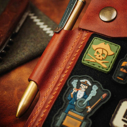 The Steersman – Handmade Leather EDC Journal Cover with Angled Velcro Patch Window, Brass Hardware &amp; Pen Loop | Field Notes Notebook Holder