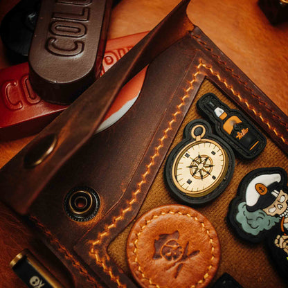 The Steersman – Handmade Leather EDC Journal Cover with Angled Velcro Patch Window, Brass Hardware &amp; Pen Loop | Field Notes Notebook Holder