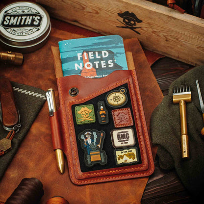 The Steersman – Handmade Leather EDC Journal Cover with Angled Velcro Patch Window, Brass Hardware &amp; Pen Loop | Field Notes Notebook Holder