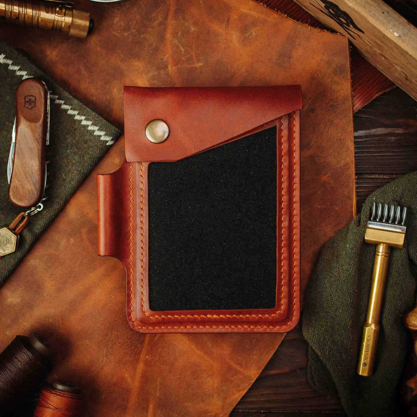 The Steersman – Handmade Leather EDC Journal Cover with Angled Velcro Patch Window, Brass Hardware &amp; Pen Loop | Field Notes Notebook Holder