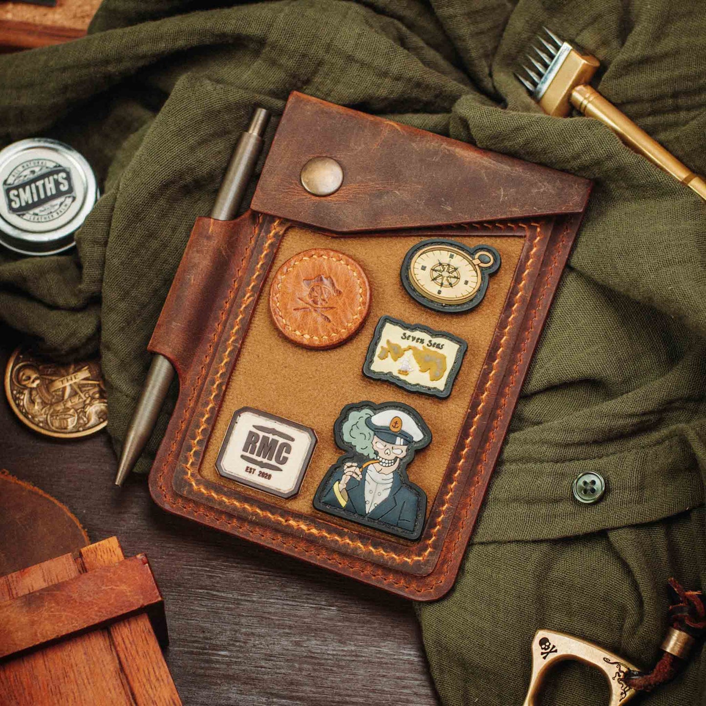 The Steersman – Handmade Leather EDC Journal Cover with Angled Velcro Patch Window, Brass Hardware &amp; Pen Loop | Field Notes Notebook Holder