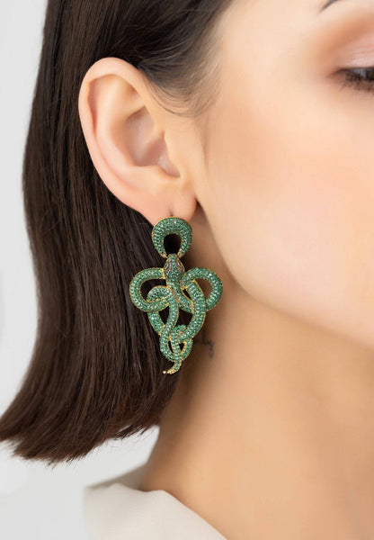 Viper Snake Drop Earrings - Gold & Emerald Glamour