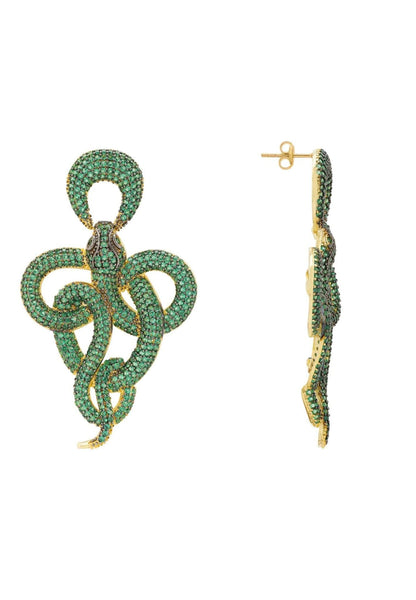 Viper Snake Drop Earrings - Gold & Emerald Glamour