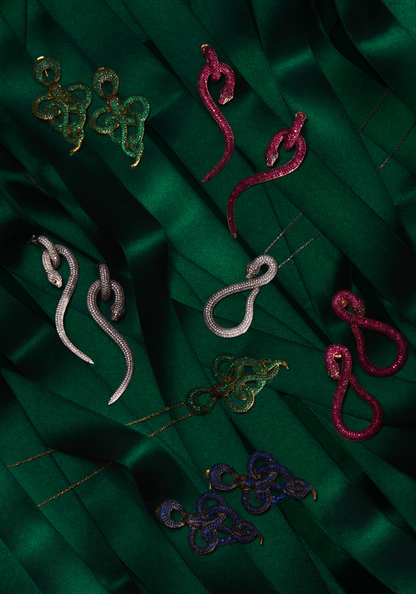Viper Snake Drop Earrings - Gold & Emerald Glamour